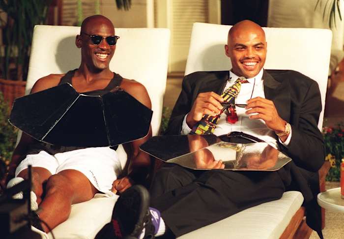 Michael Jordan and Charles Barkley during the filming of a Nike shoe commercial at the Arizona Biltmore